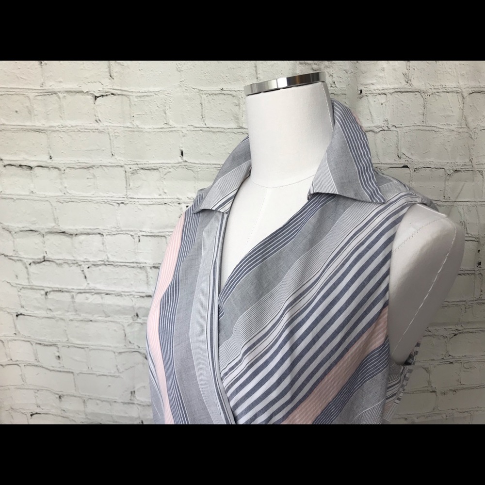 Calvin Klein Sleeveless Striped Wrap Maxi Dress in White and Light Blue - Picture 6 of 13